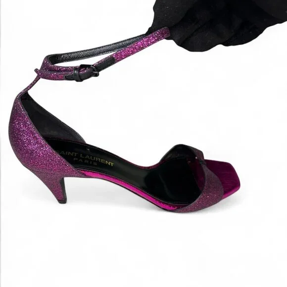 Saint Laurent Paris Glitter Fuchsia Kitten Heel Sandal EU 37.5 NWOB - Picture 10 of 16